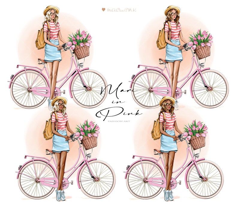 May include: Four illustrations of a woman in a pink and white striped shirt, a blue denim skirt, a straw hat, and a brown backpack riding a pink bicycle with a basket of pink tulips. The text "Mari in Pink" and "Fashion Art" is below the images.