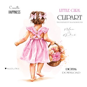 Kleines Mädchen Clipart, Aquarell Clipart, Mädchen mit Blumen Clipart, Mädchen Illustration PNG, Kind Clipart, Kind Clipart, süßes Mädchen mit Korb