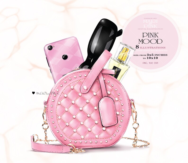May include: A pink quilted round handbag with a gold chain strap. The bag is filled with a pink smartphone, black sunglasses, and a clear glass bottle of perfume. The image includes the text "Pink Mood 8 Illustrations Size: From 3x5 inches to 10x10 PNG, 300 DPI".
