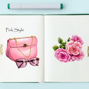 May include: An open notebook with a pink purse, sunglasses, and a bouquet of pink roses. The notebook has the words "Pink Style" written on the left page.