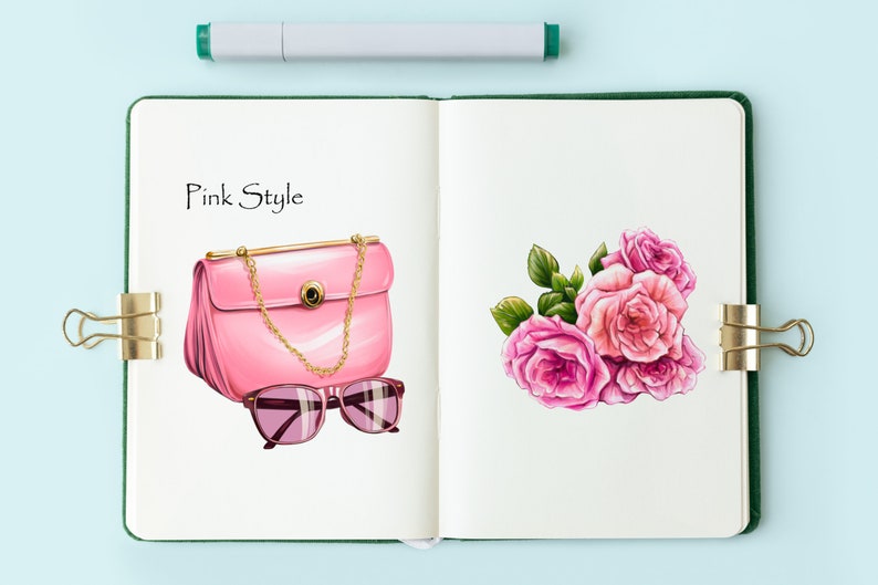 May include: An open notebook with a pink purse, sunglasses, and a bouquet of pink roses. The notebook has the words "Pink Style" written on the left page.