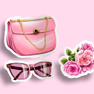 May include: A pink handbag with a gold chain strap, pink sunglasses, and a bouquet of pink roses. The items are arranged on a pink background.