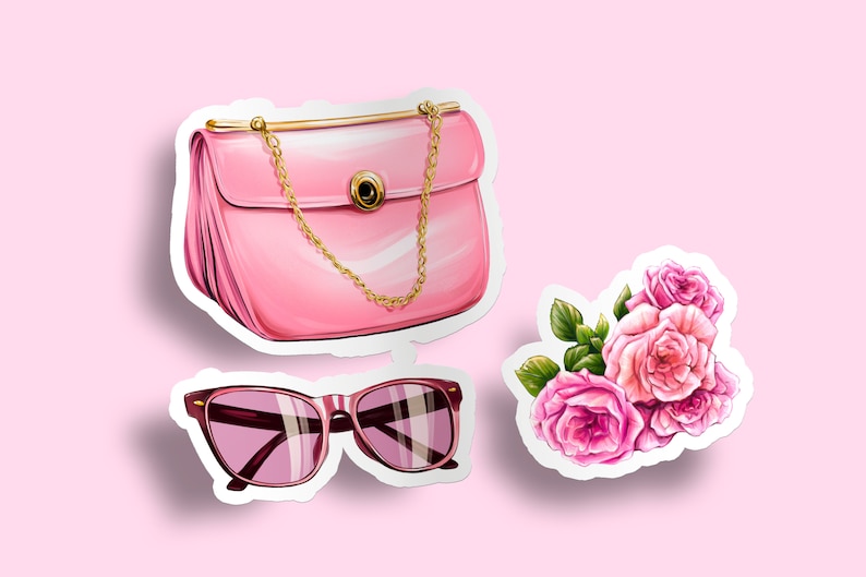 May include: A pink handbag with a gold chain strap, pink sunglasses, and a bouquet of pink roses. The items are arranged on a pink background.