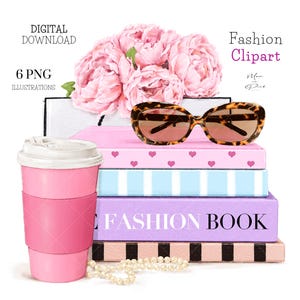 Op de afbeelding: Een stapel boeken met een roze en blauwe gestreepte kaft, een roze koffiebeker, een paar bruine zonnebrillen en een parelketting. Het bovenste boek heeft de tekst "FASHION BOOK" op de kaft gedrukt. De afbeelding is een digitale illustratie.