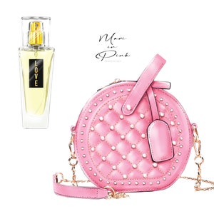 May include: A pink quilted round handbag with a gold chain strap and a small flap closure. The bag is decorated with small pearl-like embellishments. The text "Mari in Pink" is written in black cursive on a white background.