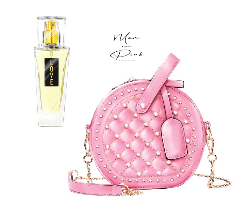 May include: A pink quilted round handbag with a gold chain strap and a small flap closure. The bag is decorated with small pearl-like embellishments. The text "Mari in Pink" is written in black cursive on a white background.