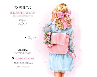 Fashion Girl Clipart Trendy Hairstyles Planner Stickers Fashion Clipart Blonde Girl Digital Illustration Girl PNG Girl with Flowers