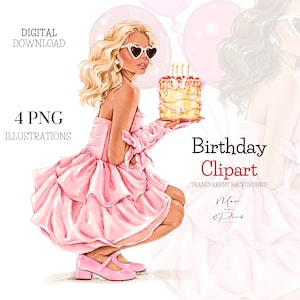 Clipart de aniversário, Clipart de menina de aniversário, Menina com bolo, Menina PNG, Clipart de menina loira Menina com balões Bolo de aniversário Clipart Cartão de felicitações