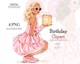 Birthday Clipart, Birthday Girl Clipart, Girl with Cake, Girl PNG, Blond Girl Clipart Girl with Balloons Bithday Cake Clipart Greeting Card
