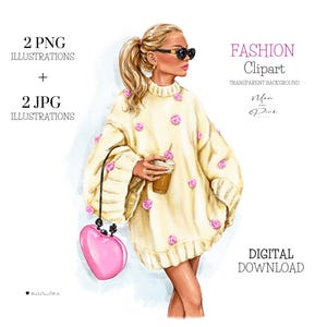 ファッション クリップアート、ファッション イラスト、コーヒーを持つブロンドの女の子、美しい女の子のクリップアート、コーヒーを持つ女性、プランナー カバー、トレンディなセーター