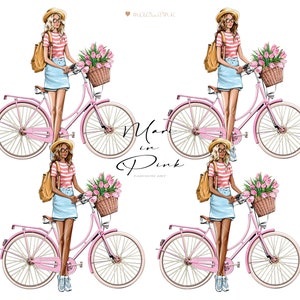 May include: Four illustrations of women wearing straw hats and striped shirts riding pink bicycles with baskets of pink flowers. The text "Mari in Pink" is written in the center of the image.