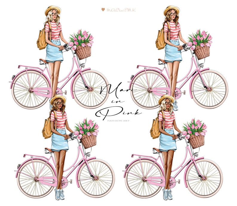 May include: Four illustrations of women wearing straw hats and striped shirts riding pink bicycles with baskets of pink flowers. The text "Mari in Pink" is written in the center of the image.