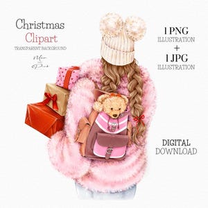 Weihnachtsillustration, Winter-Mode Clipart, Winter-Mädchen PNG, Winter-Kleidung PNG, Frau mit Rucksack, Frau mit Weihnachtsgeschenkboxen