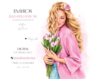 Girl with Flowers Clipart, Girl Clipart, Fashion Illustration, Girl Clipart, Fashion Clipart, Girly Planner, Planner Cover, Blonde  Girl PNG