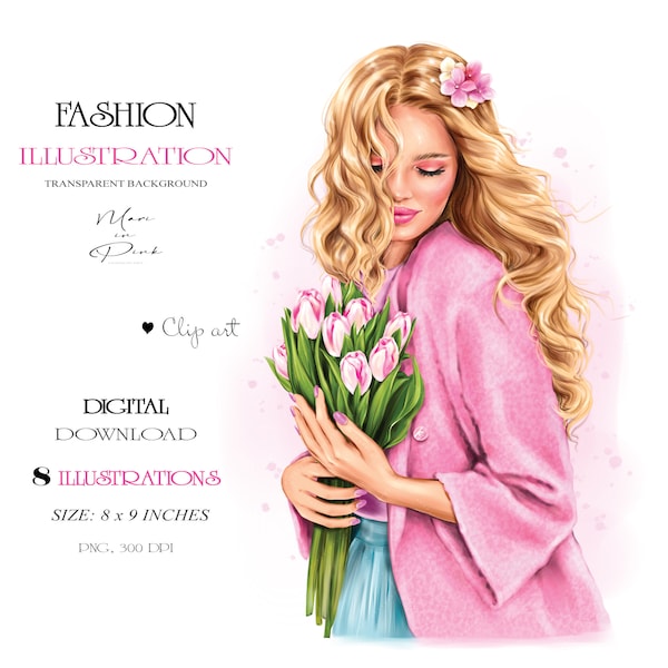 Girl with Flowers Clipart, Girl Clipart, Fashion Illustration, Girl Clipart, Fashion Clipart, Girly Planner, Planner Cover, Blonde  Girl PNG