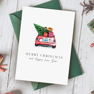 Cartão de Natal - Download DIGITAL - Cartão de Natal para impressão Carro vermelho com árvore de Natal - Ilustração de Feliz Natal para impressão Ano Novo