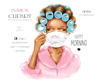 Girl Clipart, Planner Sticker, Sticker PNG, Fashion Clipart, Fashion Illustration, Hair Rollers, Girl with Coffee, Morning Coffee Girl PNG