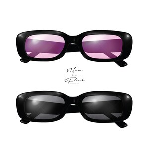 May include: Two pairs of sunglasses, one with pink lenses and one with black lenses. Both pairs have a rectangular frame.