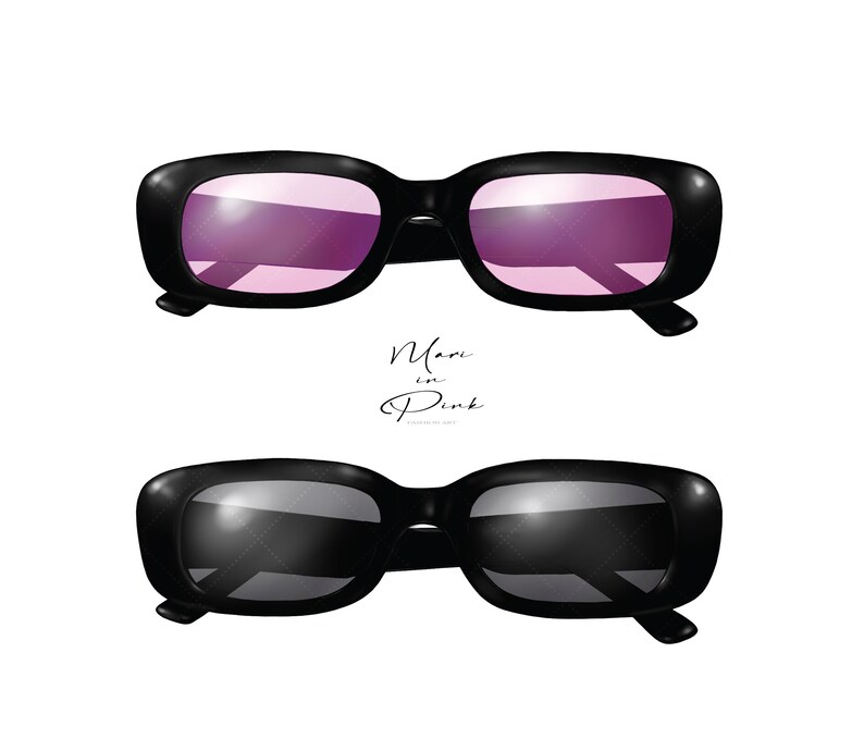 May include: Two pairs of sunglasses, one with pink lenses and one with black lenses. Both pairs have a rectangular frame.
