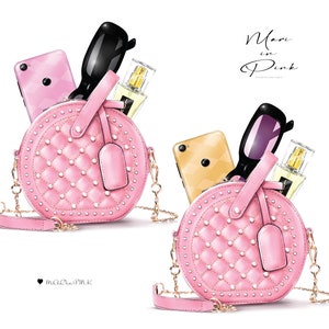 May include: Two pink quilted round purses with gold chains and studded details. Each purse is filled with accessories, including a phone, sunglasses, and a bottle of perfume. The text "Mari in Pink" is written in white on a pink background.