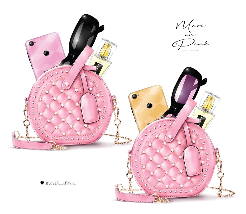 May include: Two pink quilted round purses with gold chains and studded details. Each purse is filled with accessories, including a phone, sunglasses, and a bottle of perfume. The text "Mari in Pink" is written in white on a pink background.