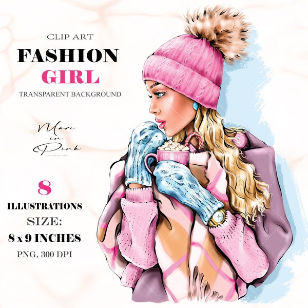 Fashion Illustration Girl, Winter Planner Cover, Winter Clipart, Winter Girl Illustration, Marshmallow Clipart, Woman Clipart, Girl PNG