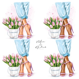 K&ouml;nnte beinhalten: Vier Illustrationen von einem Beinpaar, das blaue Jeans und rosa High Heels tr&auml;gt. Jede Illustration zeigt einen Eimer mit rosa Tulpen.