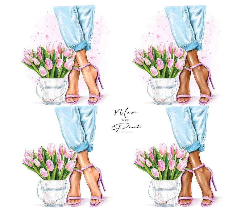 K&ouml;nnte beinhalten: Vier Illustrationen von einem Beinpaar, das blaue Jeans und rosa High Heels tr&auml;gt. Jede Illustration zeigt einen Eimer mit rosa Tulpen.