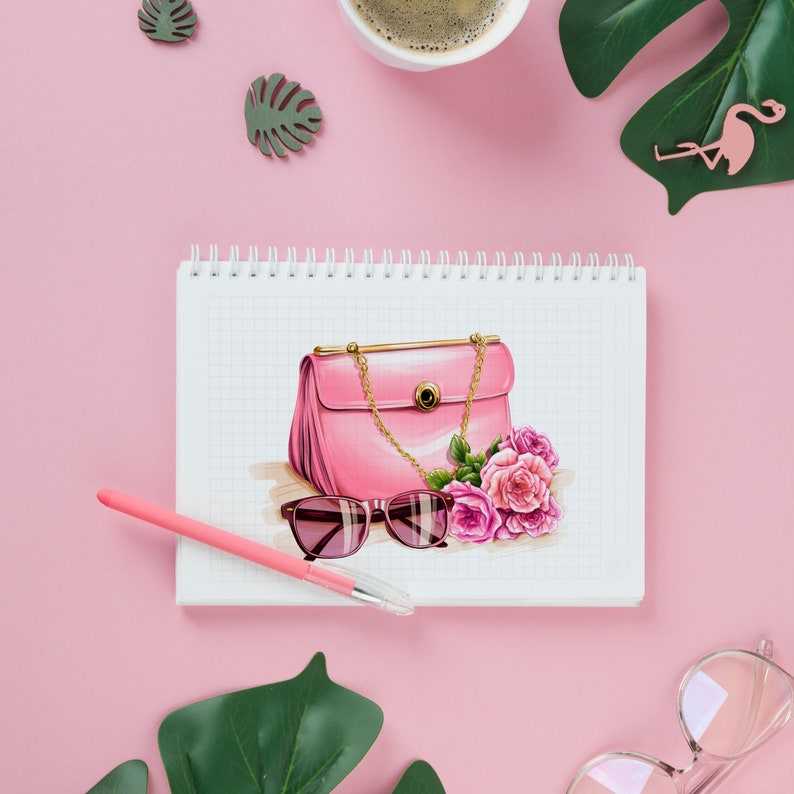 May include: A pink leather handbag with a gold chain strap and a gold clasp. The bag is surrounded by pink roses and is drawn on a white sheet of paper with a pink grid pattern. A pink pen and a pair of pink sunglasses are also pictured.