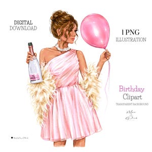 Clipart di compleanno, Clipart di ragazza di compleanno, Ragazza con mongolfiera, Ragazza PNG, Clipart di ragazza bruna Biglietto di auguri di compleanno Donna in abito rosa