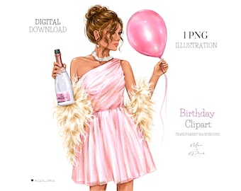 Clipart de cumpleañera: Morena con globo y vino (Descarga digital PNG)