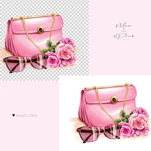 May include: A pink handbag with a gold chain strap and a gold clasp. The bag is next to a pair of pink sunglasses and a bouquet of pink roses.