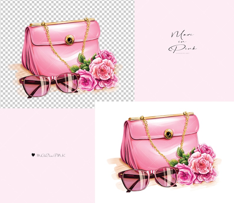 May include: A pink handbag with a gold chain strap and a gold clasp. The bag is next to a pair of pink sunglasses and a bouquet of pink roses.