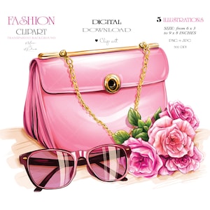 May include: A pink handbag with a gold chain strap, sunglasses, and pink roses. The handbag is 6 to 9 inches wide and 3 to 8 inches tall.