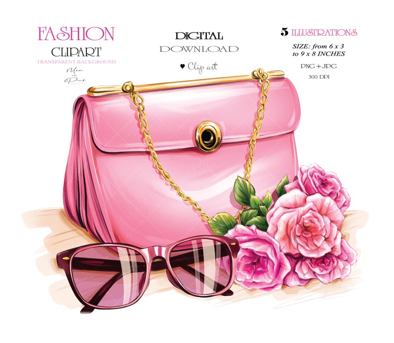 May include: A pink handbag with a gold chain strap, sunglasses, and pink roses. The handbag is 6 to 9 inches wide and 3 to 8 inches tall.