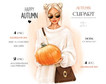 Autumn Girl Clipart, Girl with Pumpkin, Fashion Clipart, Blond Girl Clipart Blonde Clipart Halloween Clipart Hairstyle Clipart Planner Cover