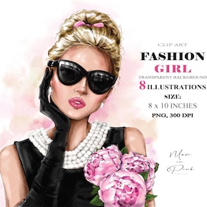 Fashion Girl Clipart, Fashion Illustration, Fashion Clipart, Girl in sunglasses, Retro Style Girl, Planner Cover, Girl Clipart Girly Planner
