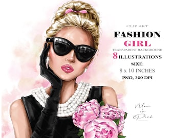 Fashion Girl Clipart, Fashion Illustration, Fashion Clipart, Girl in sunglasses, Retro Style Girl, Planner Cover, Girl Clipart Girly Planner