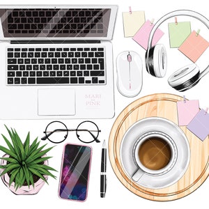 May include: A flat lay of a white laptop, a white wireless mouse, a pair of round glasses, a potted plant, a smartphone, a pen, a wooden tray with a cup of coffee, and several sticky notes in various colors.