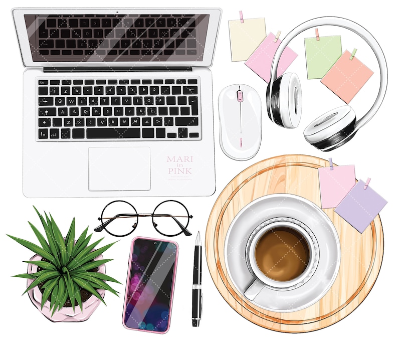 May include: A flat lay of a white laptop, a white wireless mouse, a pair of round glasses, a potted plant, a smartphone, a pen, a wooden tray with a cup of coffee, and several sticky notes in various colors.