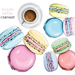 May include: A collection of colorful macarons, including blue, yellow, green, pink, and light pink. The macarons are arranged in a scattered pattern on a white background.
