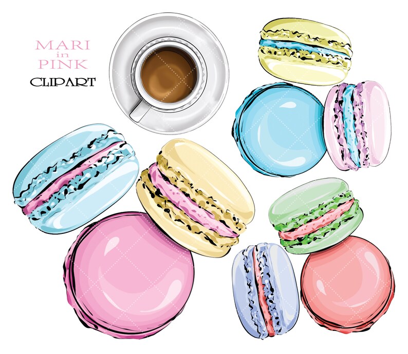 May include: A collection of colorful macarons, including blue, yellow, green, pink, and light pink. The macarons are arranged in a scattered pattern on a white background.