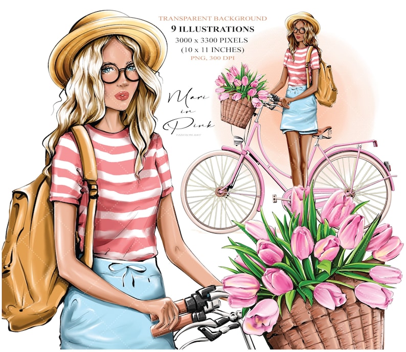 May include: A woman with blonde hair and glasses is wearing a striped shirt, a blue skirt, and a straw hat. She is carrying a brown backpack and riding a pink bicycle with a basket full of pink tulips.