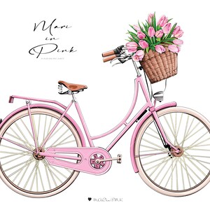 May include: A pink bicycle with a wicker basket filled with pink tulips. The bicycle has a brown leather seat and white tires. The text "Mari in Pink Fashion Art" is written above the bicycle.