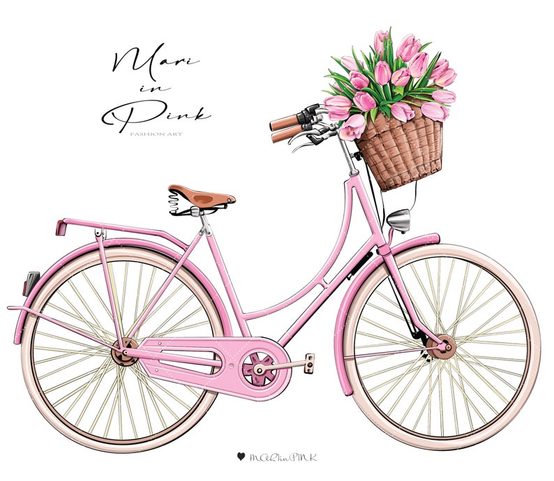 May include: A pink bicycle with a wicker basket filled with pink tulips. The bicycle has a brown leather seat and white tires. The text "Mari in Pink Fashion Art" is written above the bicycle.