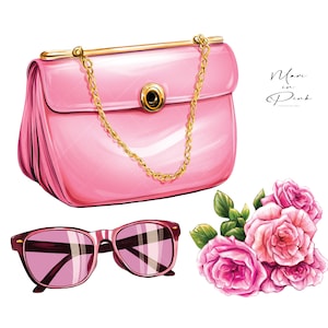 May include: A pink handbag with a gold chain strap and a gold clasp. The bag is sitting on a white background with a bouquet of pink roses.