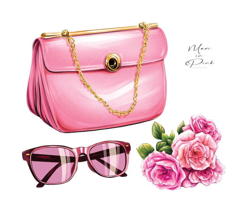 May include: A pink handbag with a gold chain strap and a gold clasp. The bag is sitting on a white background with a bouquet of pink roses.