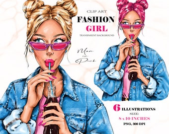 Fashion Girl Clipart, Blond Girl Clipart, Fashion Illustration, Fashion Clipart, Planner Cover Girl Clipart Girly Planner Girl Drink Clipart