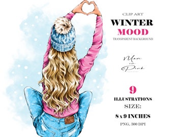 Strickmütze Clipart, Mädchen sitzt zurück, Mode Illustration Mädchen, Winter Planer Cover, Winter Clipart, Winter Mädchen Illustration