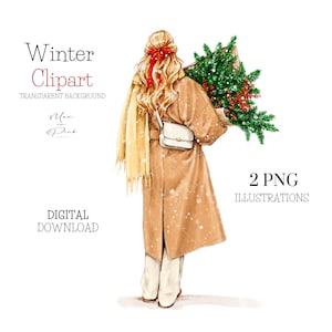 Handgezeichnete Weihnachtsillustration Weihnachtsbaum Clipart Frau mit Weihnachtsbaum Planer Cover Winter Illustration Neujahr Baum Clipart